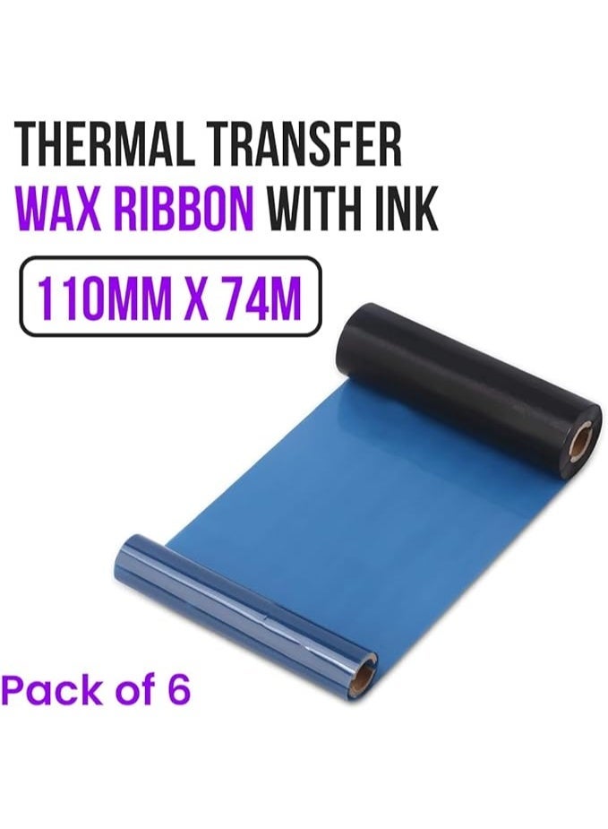 Premium 6pcs Thermal Transfer Wax Ribbon for Barcode Printers 110mm x 74m x 1/2" Core - Image 3